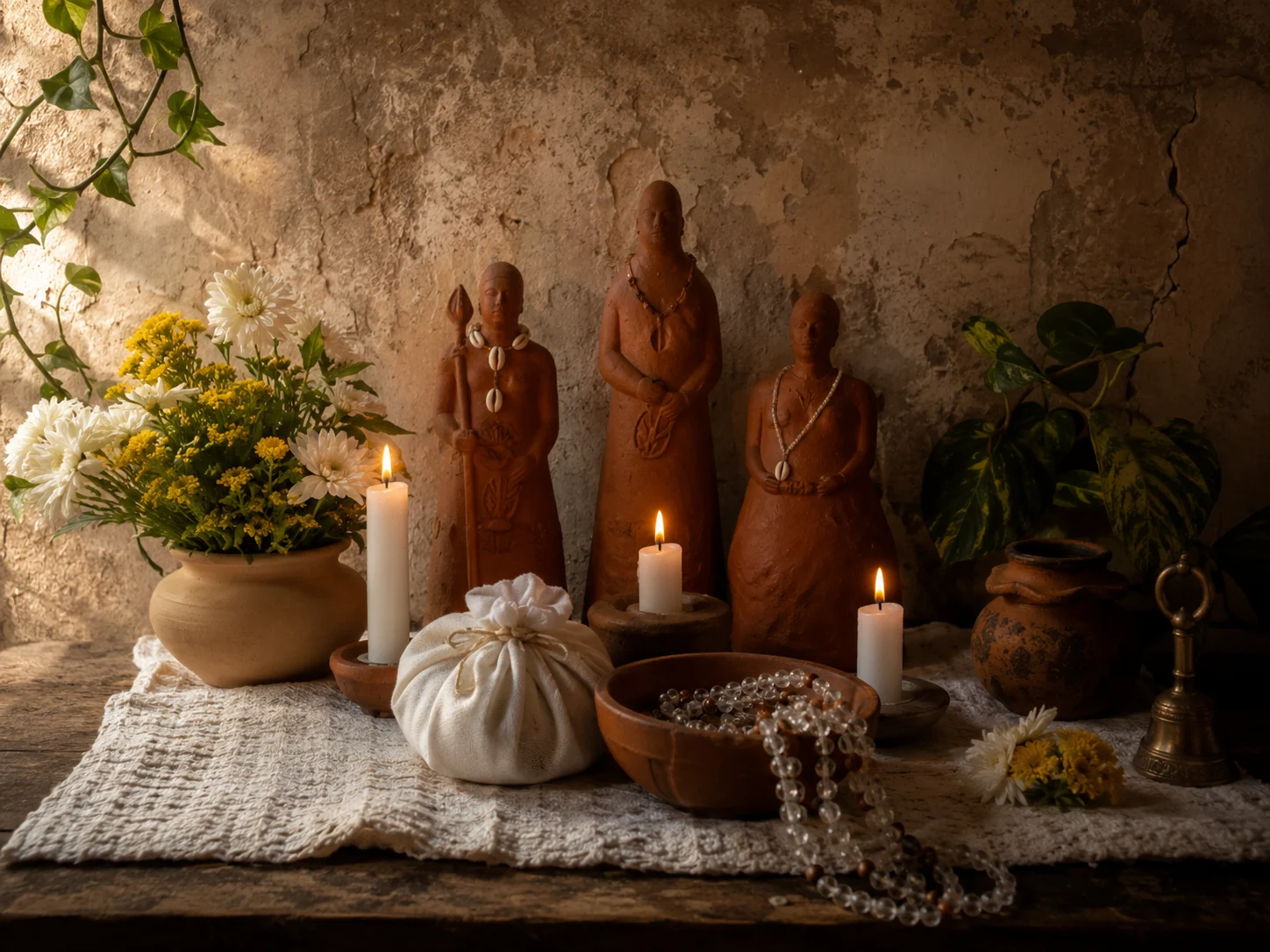 Altar com imagens de Orixás em barro, velas acesas e flores